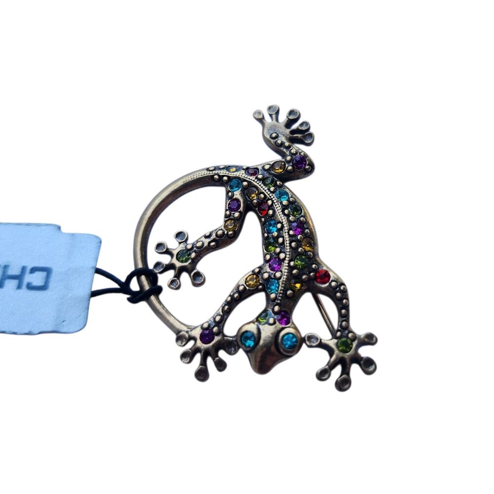 Chico’s Multicolor Rhinestone Gecko Lizard Brooch Pin Silver Tone NWT